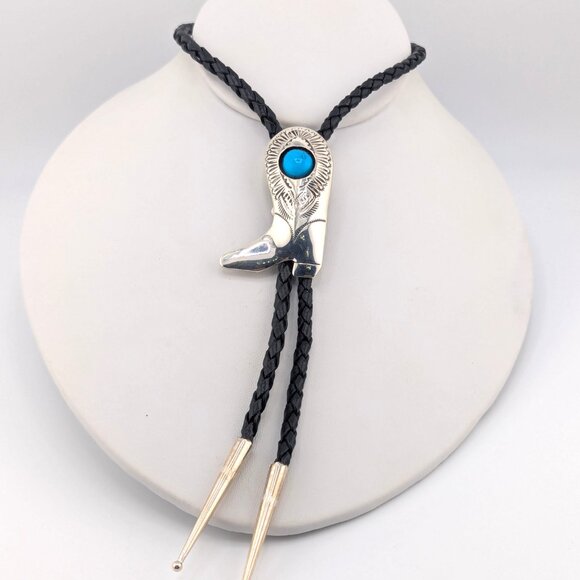 Navajo Kingman Turquoise Bolo Tie Leather Sterling Silver Southwest Accessory ** - Picture 2 of 10